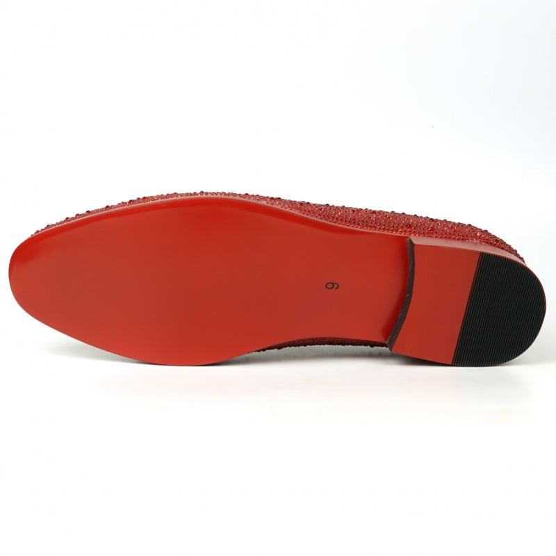 The FI-7525 Red Suede Red Rhinestones Slip-on Loafer by Fiesso is elegantly embellished with shiny rhinestones, making it perfect for adding a touch of sparkle.