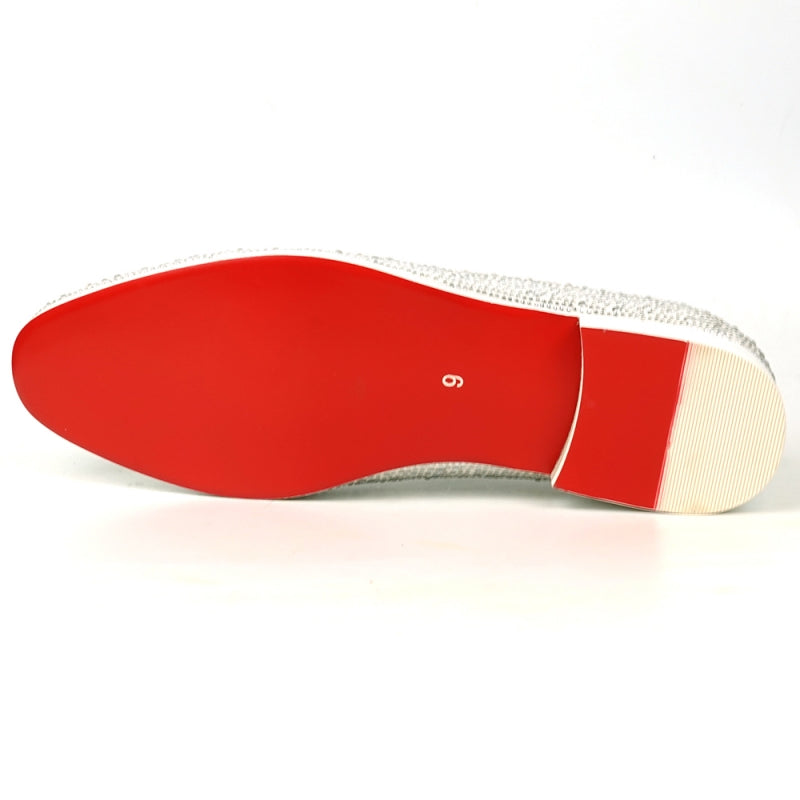 Fiesso introduces the FI-7525 White Suede Slip-On Loafer by Aurelio Garcia, embellished with dazzling white rhinestones and complemented by a bold red interior lining.