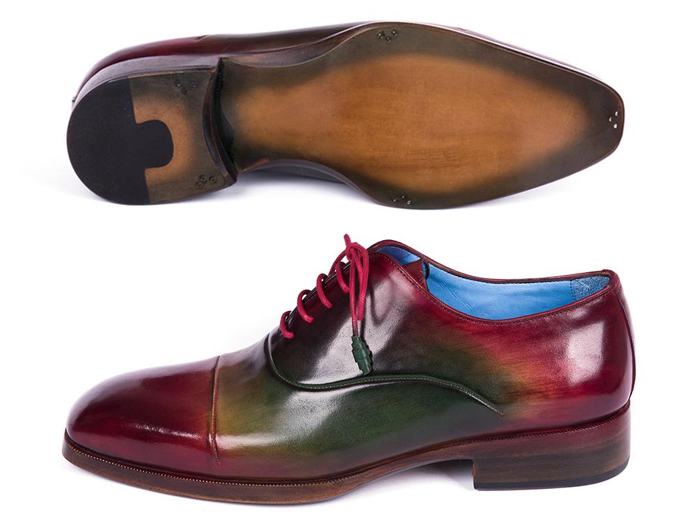 The Paul Parkman Captoe Oxfords Multicolor - 1744-MLT by Paul Parkman feature a handmade design with a multicolor leather upper showcasing a beautiful gradient from red to green, complemented by red laces and a wooden sole.