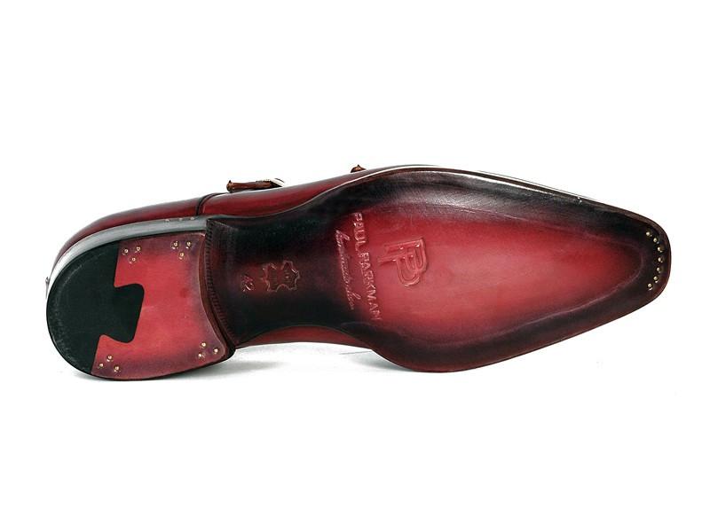 A pair of sleek double monkstrap shoes in rich Bordeaux hand-painted leather, crafted by Paul Parkman in the style of the PP3851 model.