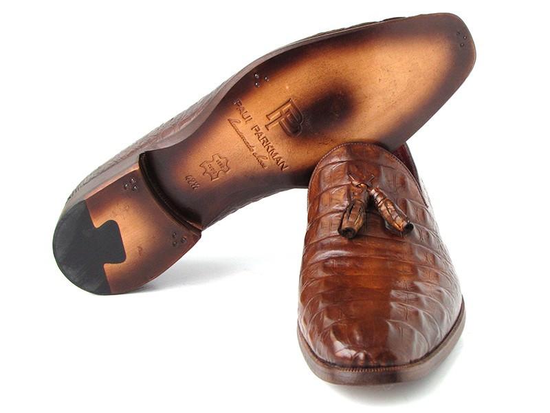 Paul Parkman Brown Crocodile Embossed Calfskin Tassel Loafer - PP2281-BRW tastefully showcased against a white backdrop.