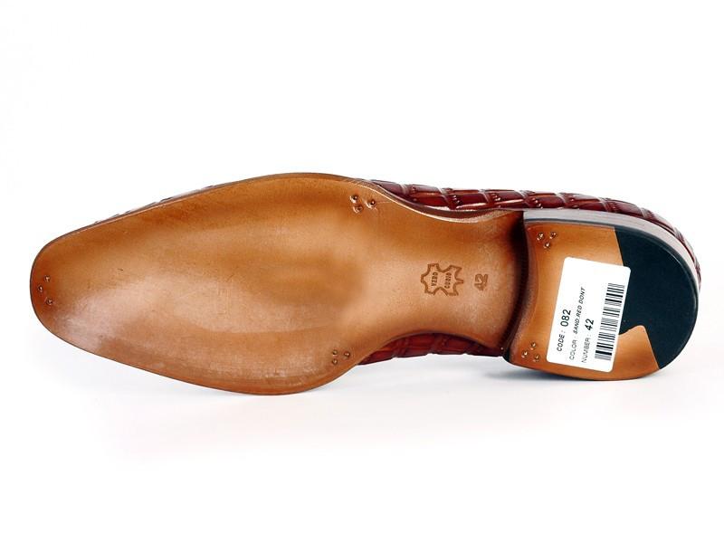 The Paul Parkman Reddish Camel Croc Embossed Calfskin Tassel Loafer showcases a stunning crocodile-embossed pattern with tassels, complete with a leather sole and the Paul Parkman brand label inside.