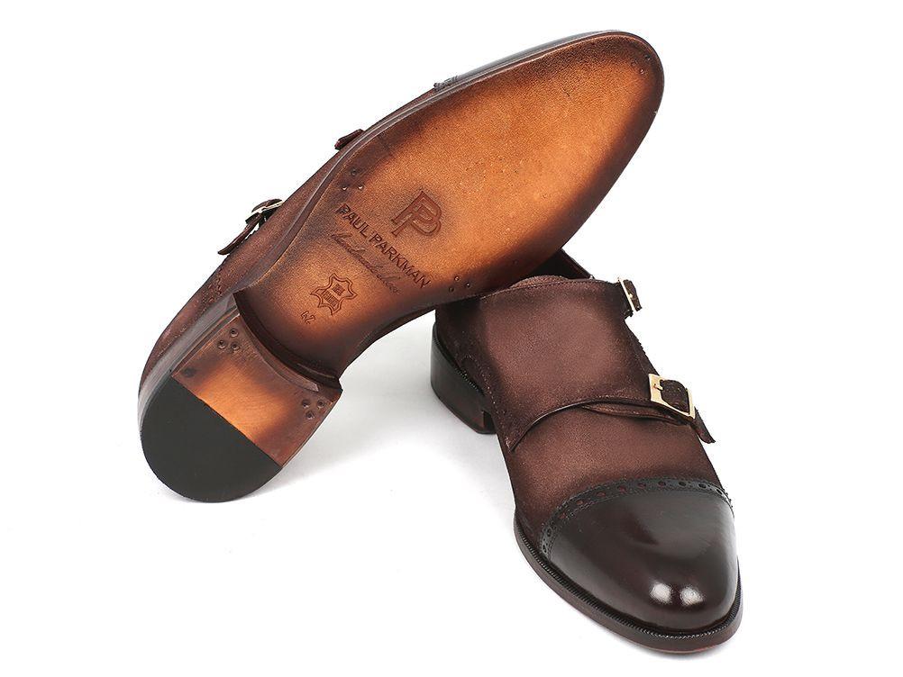 A pair of Paul Parkman Double Monkstraps Brown Captoe shoes, crafted with luxurious Italian calfskin suede and featuring a double monk strap design along with polished toe caps.