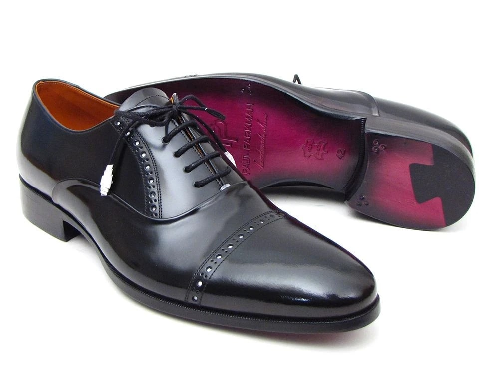 A pair of made-to-order Paul Parkman Captoe Oxfords in polished black leather, featuring an elegant captoe design.