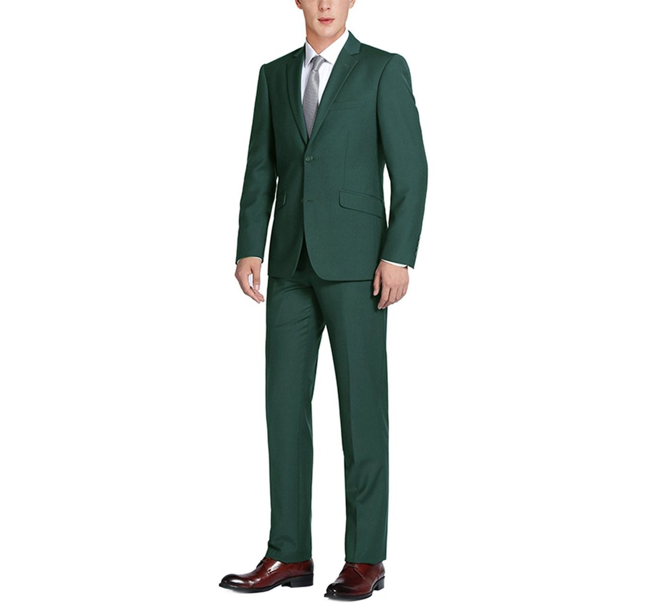 The Alessandro Vitello by Renoir presents a men's green slim fit suit, featuring a single-breasted blazer with notch lapels and matching trousers, displayed on a plain white background.