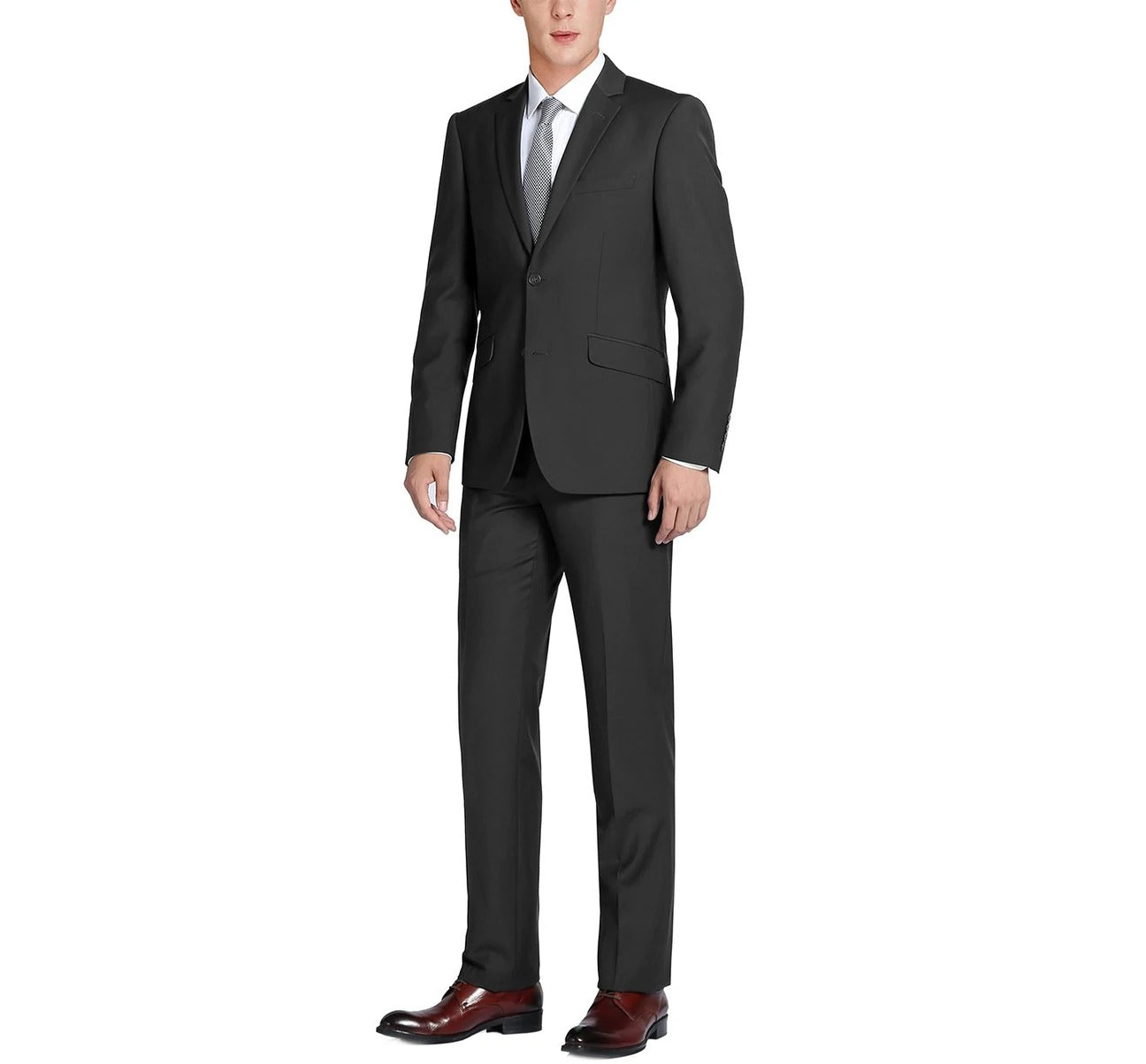 The Alessandro Vitello by Renoir Black 2-Piece Classic Fit Single Breasted Notch Lapel Suit 201-1 is elegantly displayed, showcasing its dark, single-breasted blazer and matching trousers against a pristine white background.