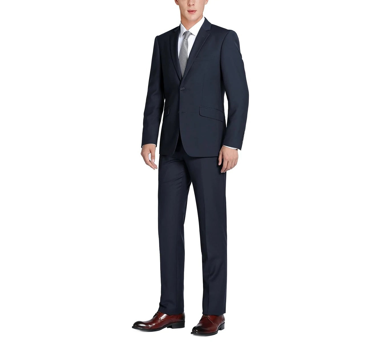 The Alessandro Vitello by Renoir Dark Navy 2-Piece Classic Fit Single Breasted Notch Lapel Suit, which includes the suit jacket and trousers, is arranged on a white background.