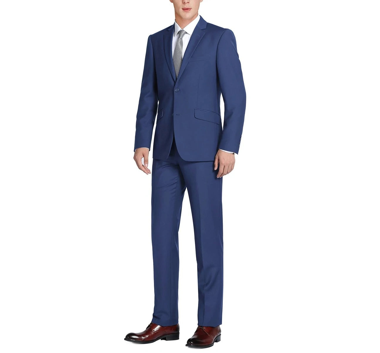 The Renoir Alessandro Vitello Royal Blue 2-Piece Slim Fit Suit (201-20) showcases a single-breasted notch lapel jacket with a subtle patterned lining, paired with matching trousers, each displayed separately.