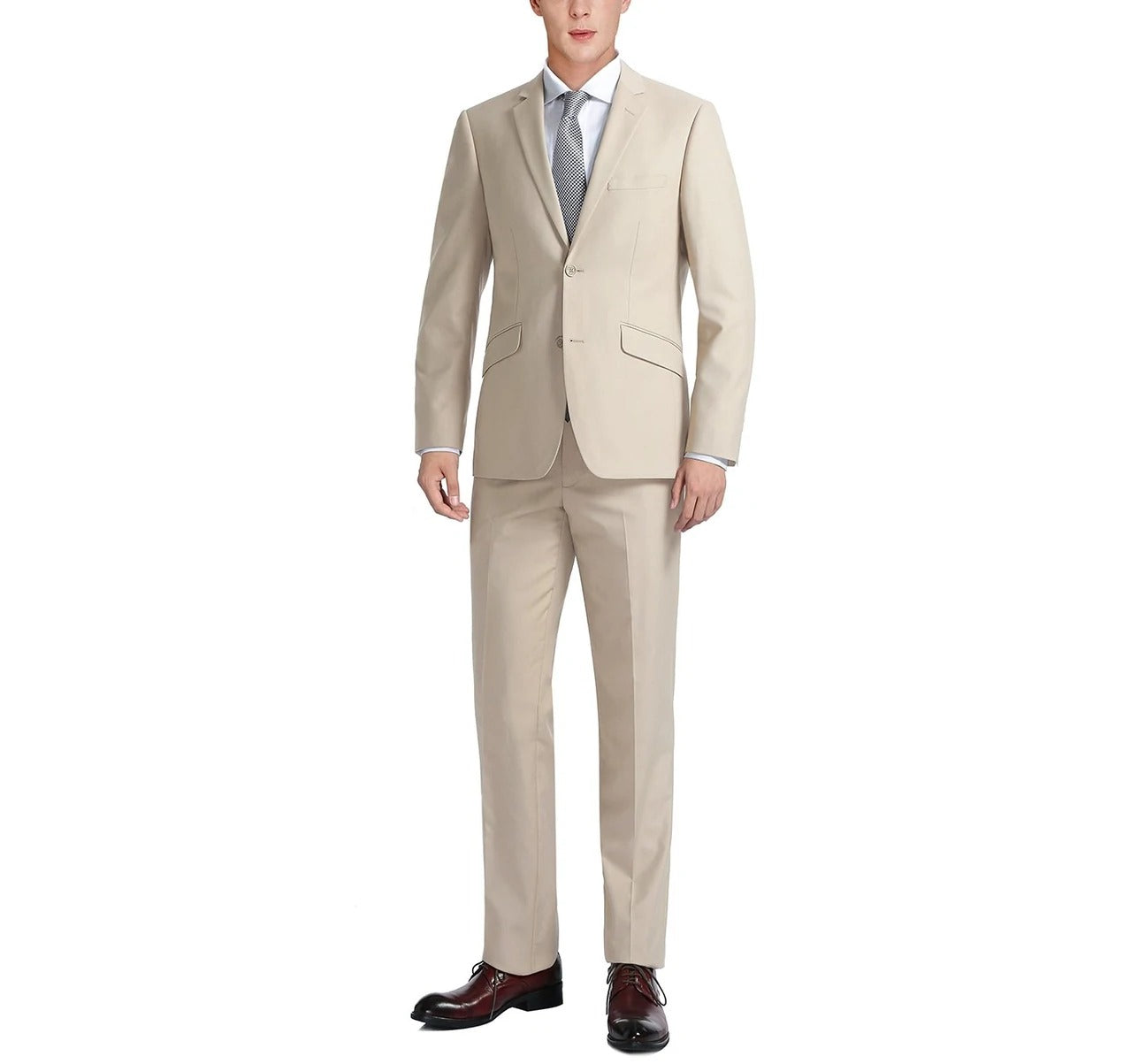 The Alessandro Vitello by Renoir beige 2-piece slim fit single-breasted notch lapel suit, featuring a blazer with two buttons and slim-fit pants, is displayed against a white background, exuding timeless elegance.