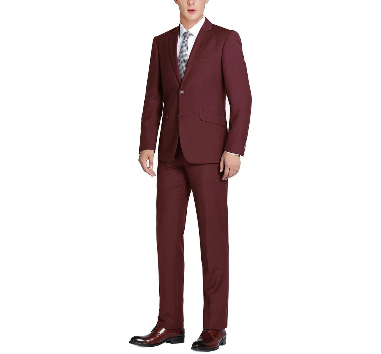 The Alessandro Vitello by Renoir Burgundy 2-Piece Classic Fit Single Breasted Notch Lapel Suit (201-8) features a maroon color and comes with a patterned inner lining. The classic fit jacket has two buttons and is paired with matching trousers.
