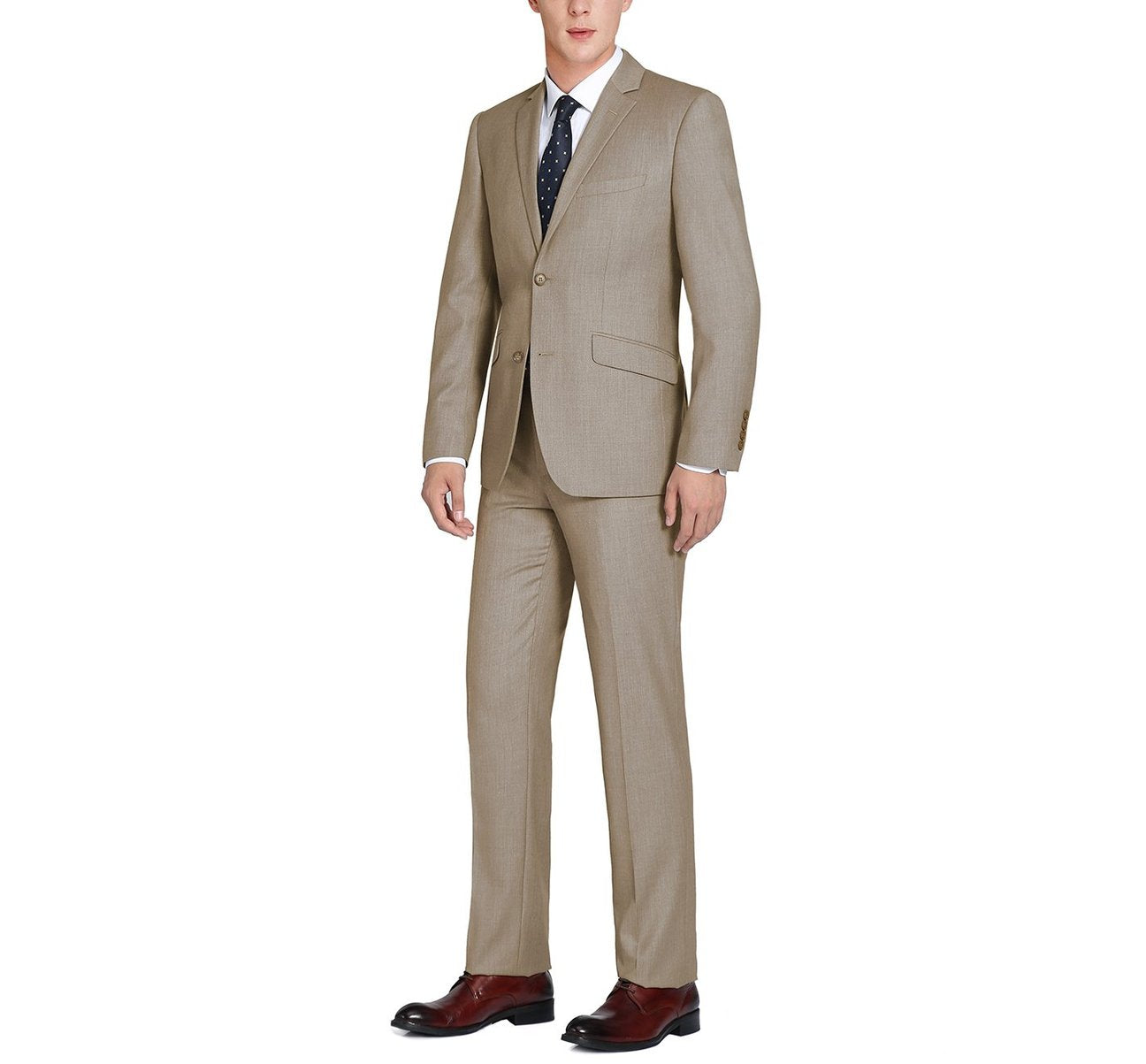 The Renoir Alessandro Vitello 2-Piece Classic Fit Suit, model 202-3, is showcased on a plain background and comes in an elegant beige. The ensemble includes a single-breasted jacket with two buttons and coordinating trousers, making it ideal for office wear.