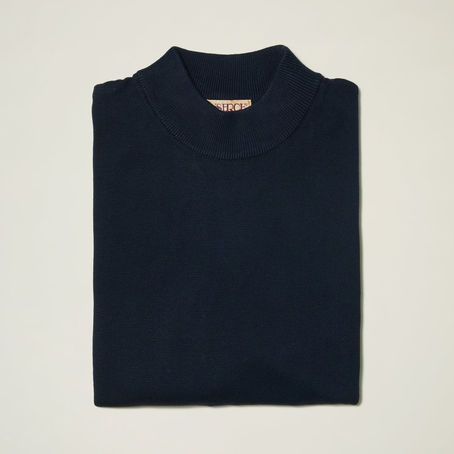 An Inserch Cotton Blend Mock Neck Sweater in navy blue, identified by the product number 4308-00011, rests elegantly on a plain white background.