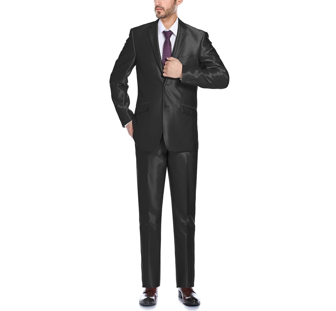 The Alessandro Vitello by Renoir Sharkskin Slim Fit Italian Styled Two Piece Suit 207-1 is a stylish men's slim fit ensemble, including a formal black single-breasted jacket with a notch lapel blazer and matching trousers, crafted for lightweight comfort.