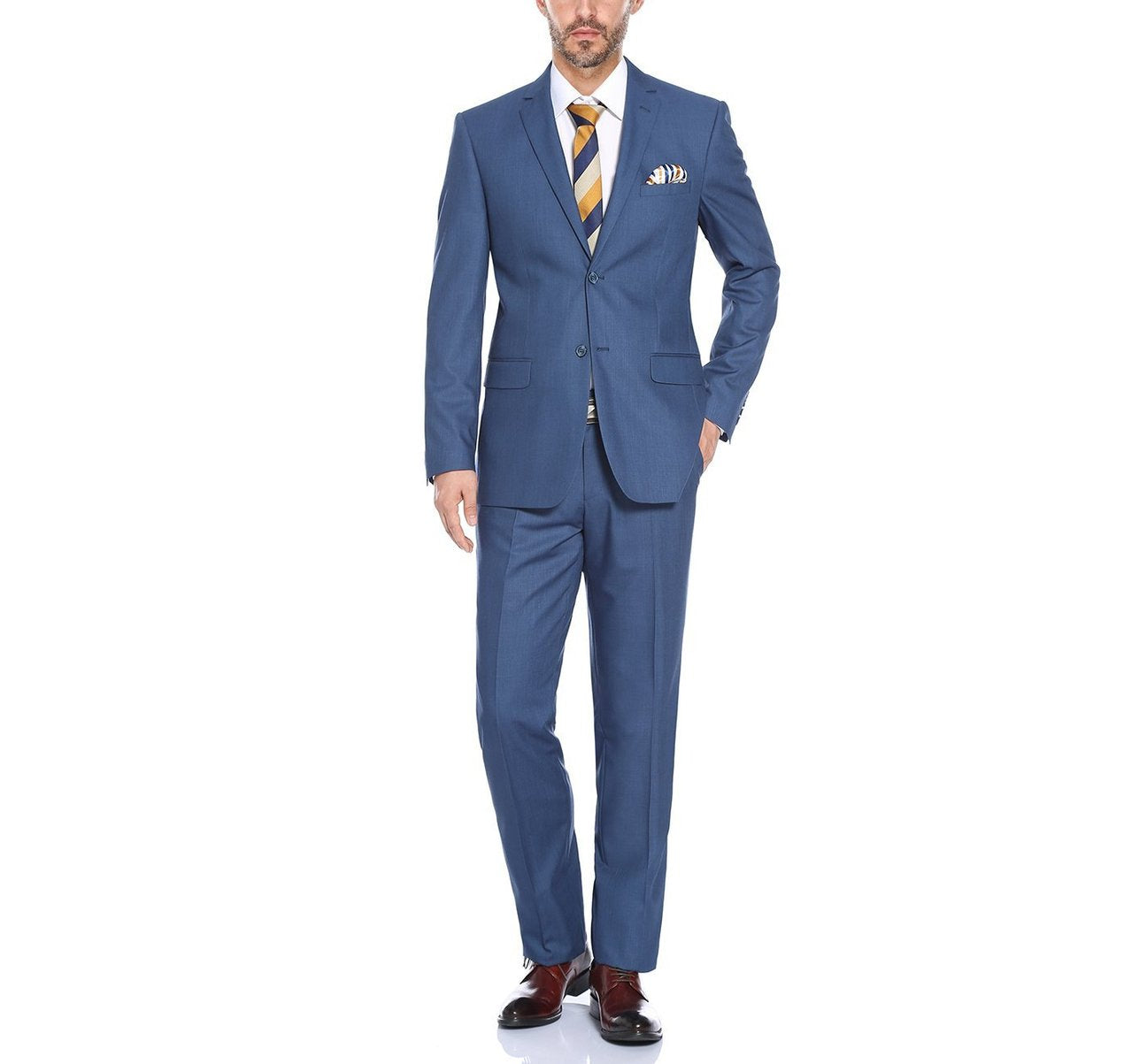Introducing the Alessandro Vitello by Renoir 2-Piece Classic Fit Notch Lapel Navy Suit 2106-3, a sophisticated men's suit perfect for special occasions. This ensemble includes a classic fit jacket with a notched lapel and two-button closure, complemented by sleek trousers.