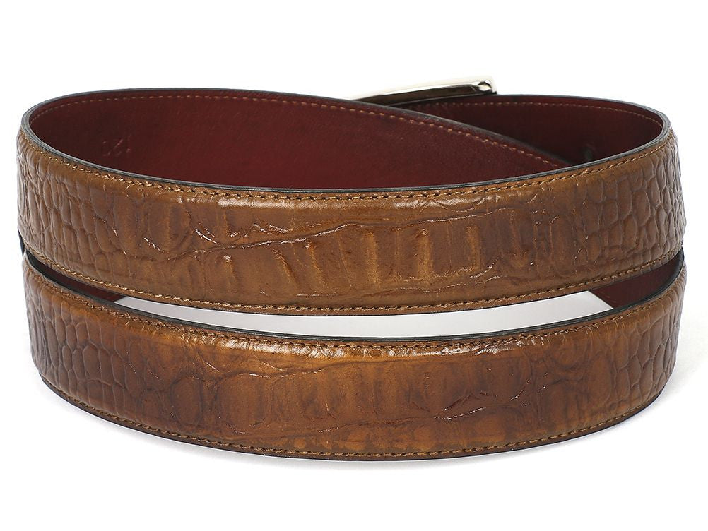 The Paul Parkman Men's Crocodile Textured Leather Belt in olive features a silver rectangular buckle and "PAUL REVERE" engraved on the loop, showcasing refined Paul Parkman craftsmanship.