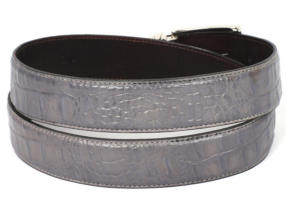 The Paul Parkman Crocodile Embossed Calfskin Leather Belt in hand-painted gray, known as the B02-GRY model, features a subtle embossed brand name and a silver buckle. This accessory merges elegance with exceptional craftsmanship for the discerning fashion aficionado.