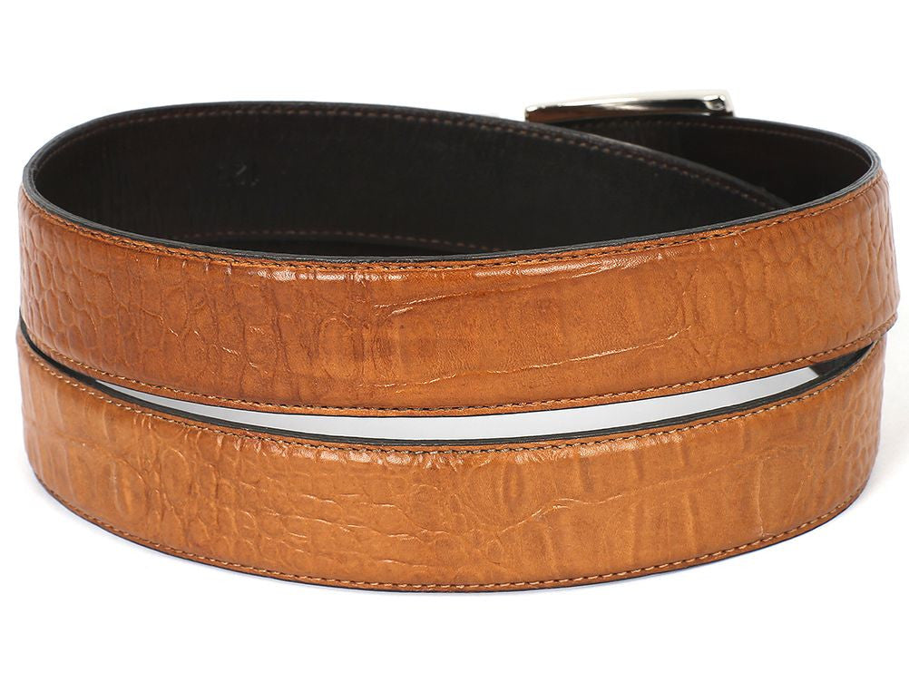 The Paul Parkman Croc Embossed Calfskin Belt Camel - B02-CML is a brown leather accessory with a silver buckle, featuring an embossed crocodile texture and subtle branding on the buckle, beautifully hand-painted in camel for an exquisite finish.