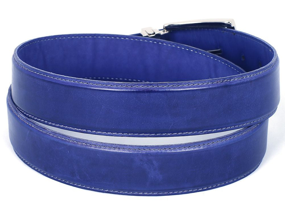 The Paul Parkman Men's Handmade Leather Belt Hand-Painted Blue B01-A is crafted from Italian calfskin in cobalt blue, with a silver engraved buckle and visible stitching.