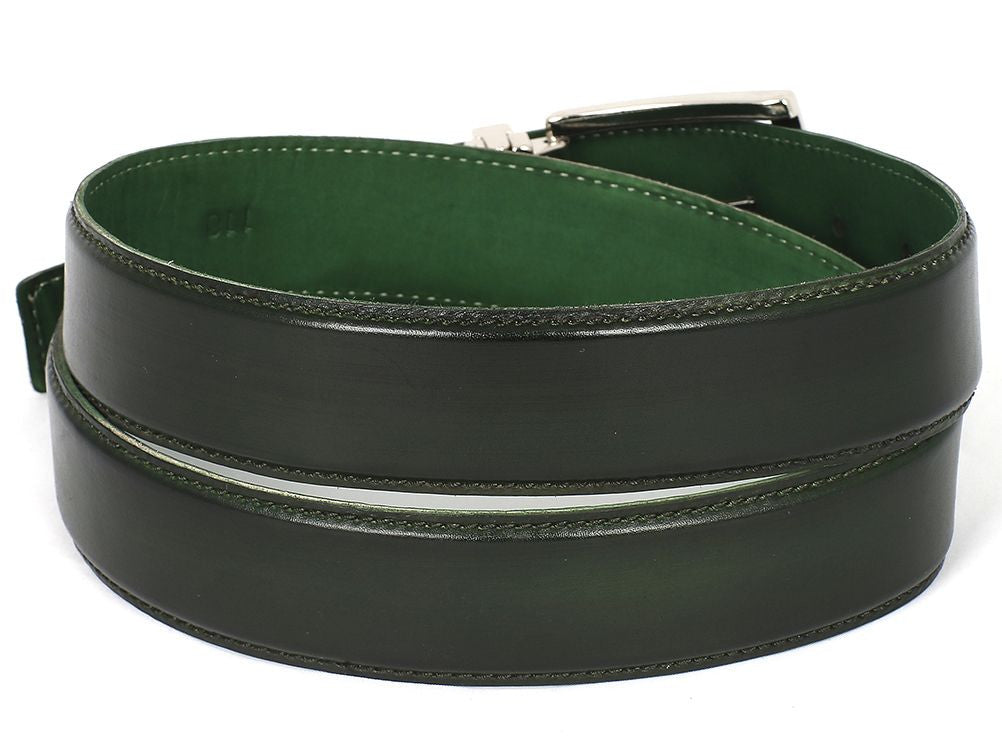 The Paul Parkman Men's Handmade Leather Belt B01-A features hand-painted dark green Italian calfskin, a silver buckle engraved with "Paul Parkman," and visible stitching, showcasing refined craftsmanship.