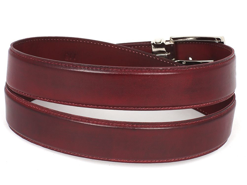 The Paul Parkman Men's Handmade Leather Belt Hand-Painted Bordeaux B01-A is a dark red Italian calfskin belt with a silver rectangular buckle and "PAUL PARKMAN" engraved on the metal loop.