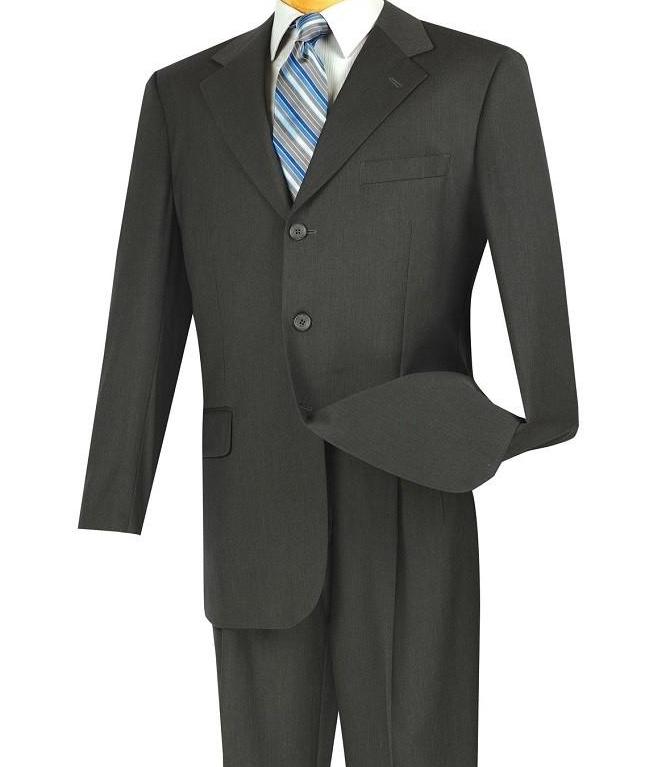 The Regular Fit 2 Piece 3 Button Suit in Charcoal by Vinci Suits includes a single-breasted blazer paired with double-pleated trousers, complemented by a blue striped tie.