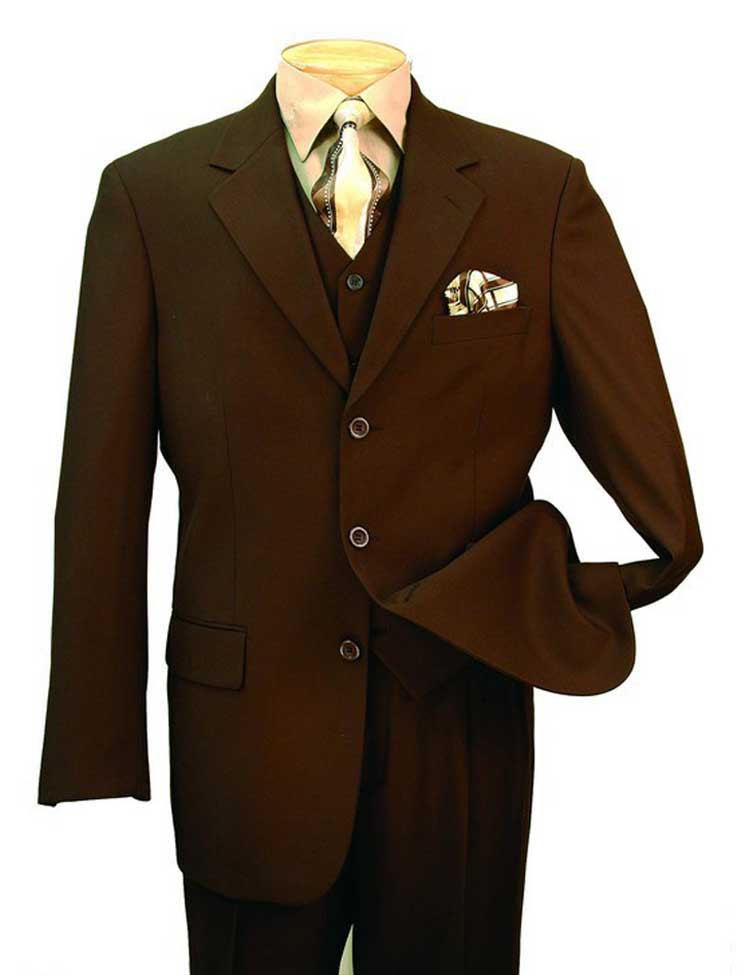 The Vinci Suits Regular Fit 3 Piece Single Breasted Suit (Brown) 3TR-3 is displayed on a mannequin, highlighting the solid color blazer with a matching tie and pocket square.