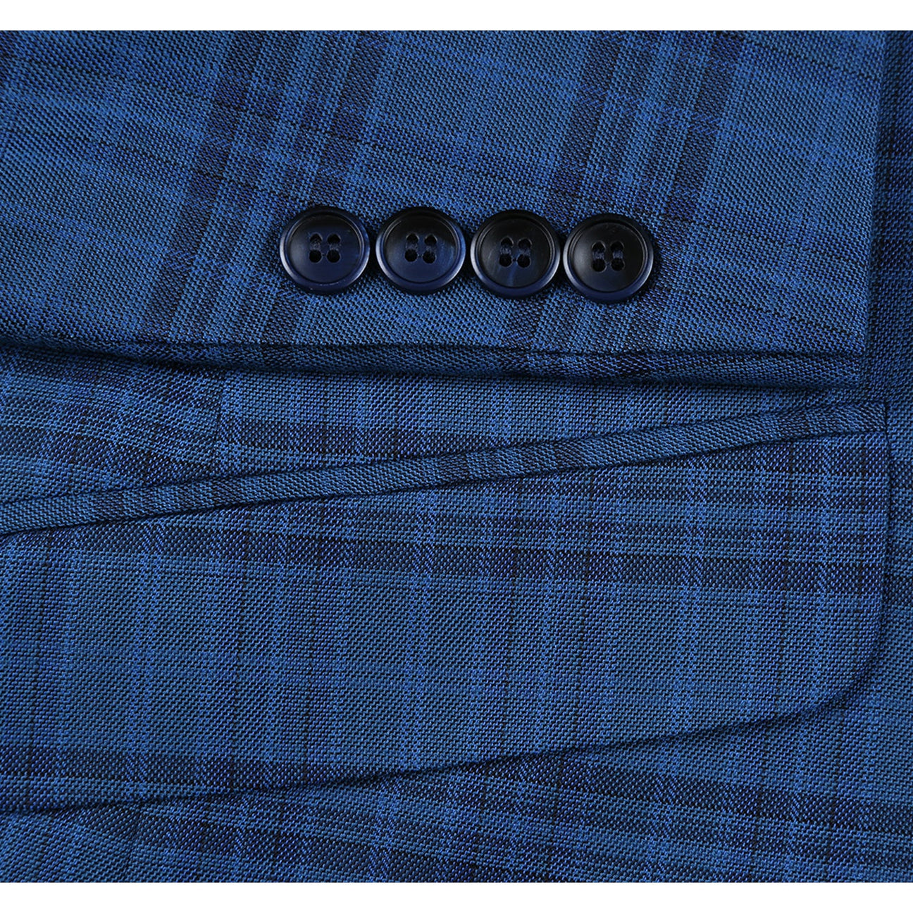 The Alessandro Vitello by Renoir Blue Slim Fit Check Blazer 294-9 showcases a refined style with its notched lapel and two-button closure. It features a sleek slim fit, complemented by two front flap pockets and a pocket square elegantly tucked into the breast pocket, delivering an air of sophistication.