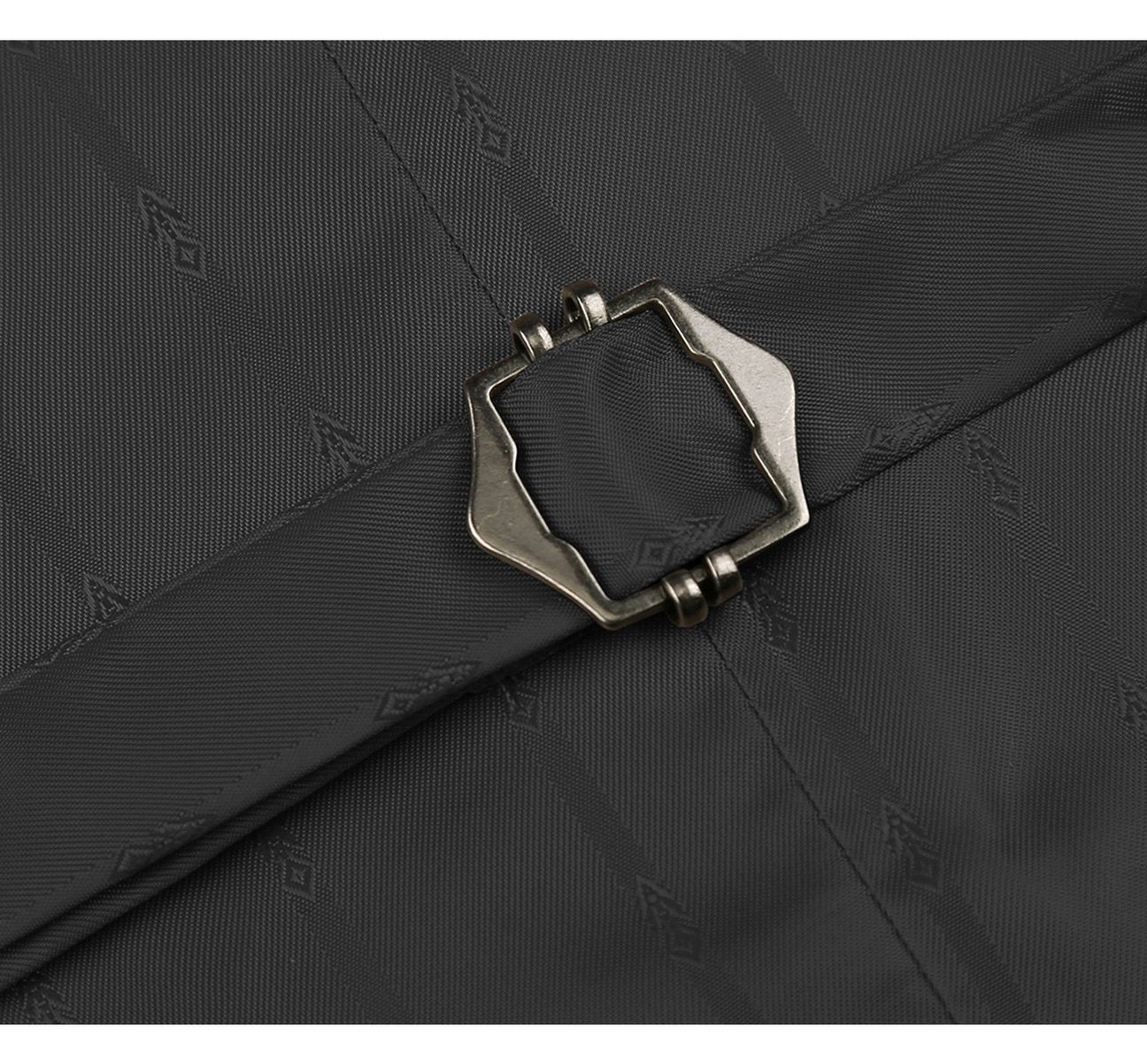 A person wearing a Renoir Alessandro Vitello black formal regular fit sharkskin waistcoat over a light blue striped shirt with a patterned tie, hands comfortably in pants pockets.