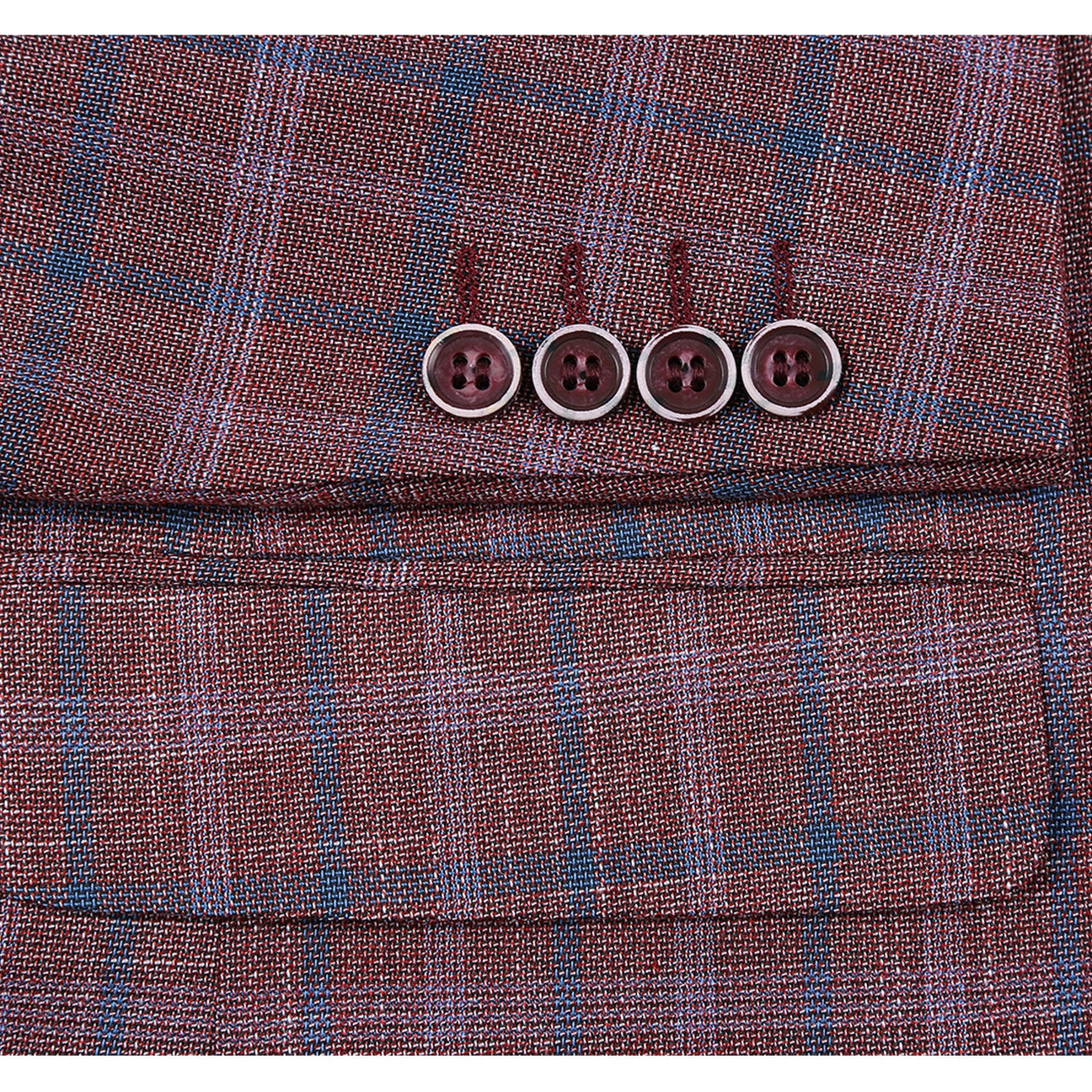 Introducing the Alessandro Vitello by Renoir Burgundy Classic Fit Check Blazer, featuring a notch lapel design. This men's jacket comes in a striking burgundy plaid, highlighted by its two-button closure and patterned inner lining. It also includes a matching pocket square for added style.