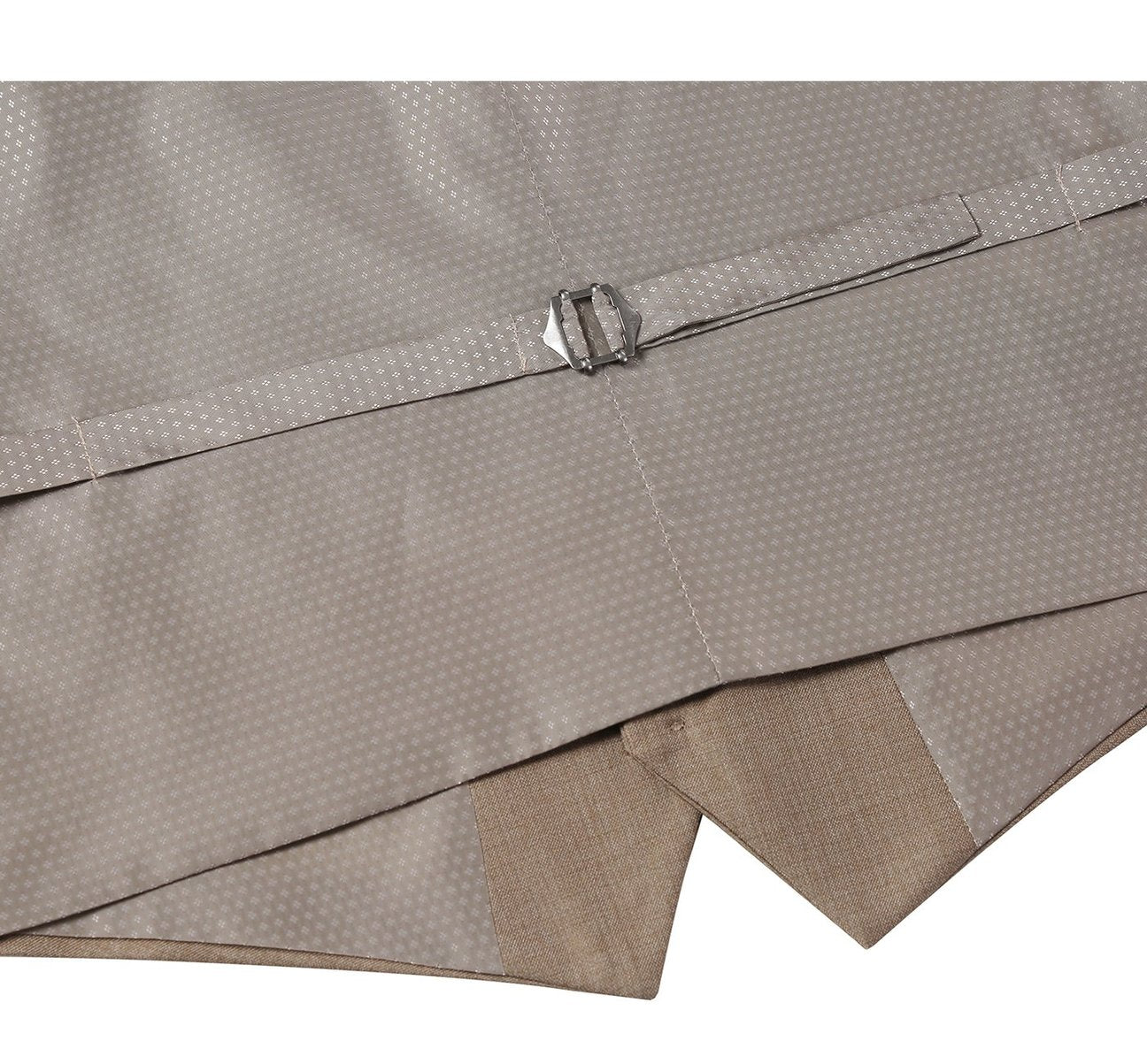 The Alessandro Vitello by Renoir Taupe Button Formal Suit Vest is a men's waistcoat made from polyester viscose fabric. It features a V-neck, five buttons, and two front pockets, offering a regular fit for classic formal attire. Displayed on a white background, this vest combines style with the quality associated with the Renoir brand.