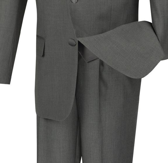The mannequin is elegantly adorned with the Vinci Suits Regular Fit 4 Piece Tuxedo with Vest Bow Tie (Gray), featuring black satin lapels and paired with a crisp white shirt and sleek black bow tie.