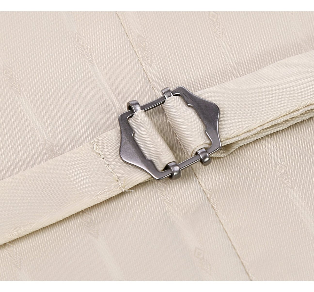 A man wearing the Alessandro Vitello by Renoir Beige Business Suit Vest over a blue striped shirt and patterned tie, with his hands in his pockets.