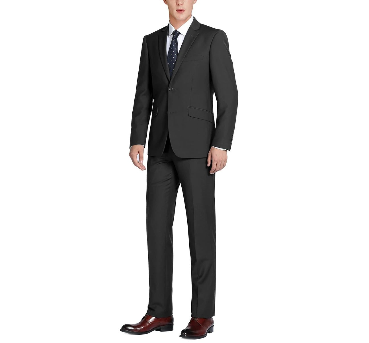 The Alessandro Vitello by Renoir Black 2-Piece Slim Fit Notch Lapel Wool Suit 508-1, showcasing a notch lapel single-breasted jacket with buttons and matching trousers in a regular fit, is displayed on a white background.