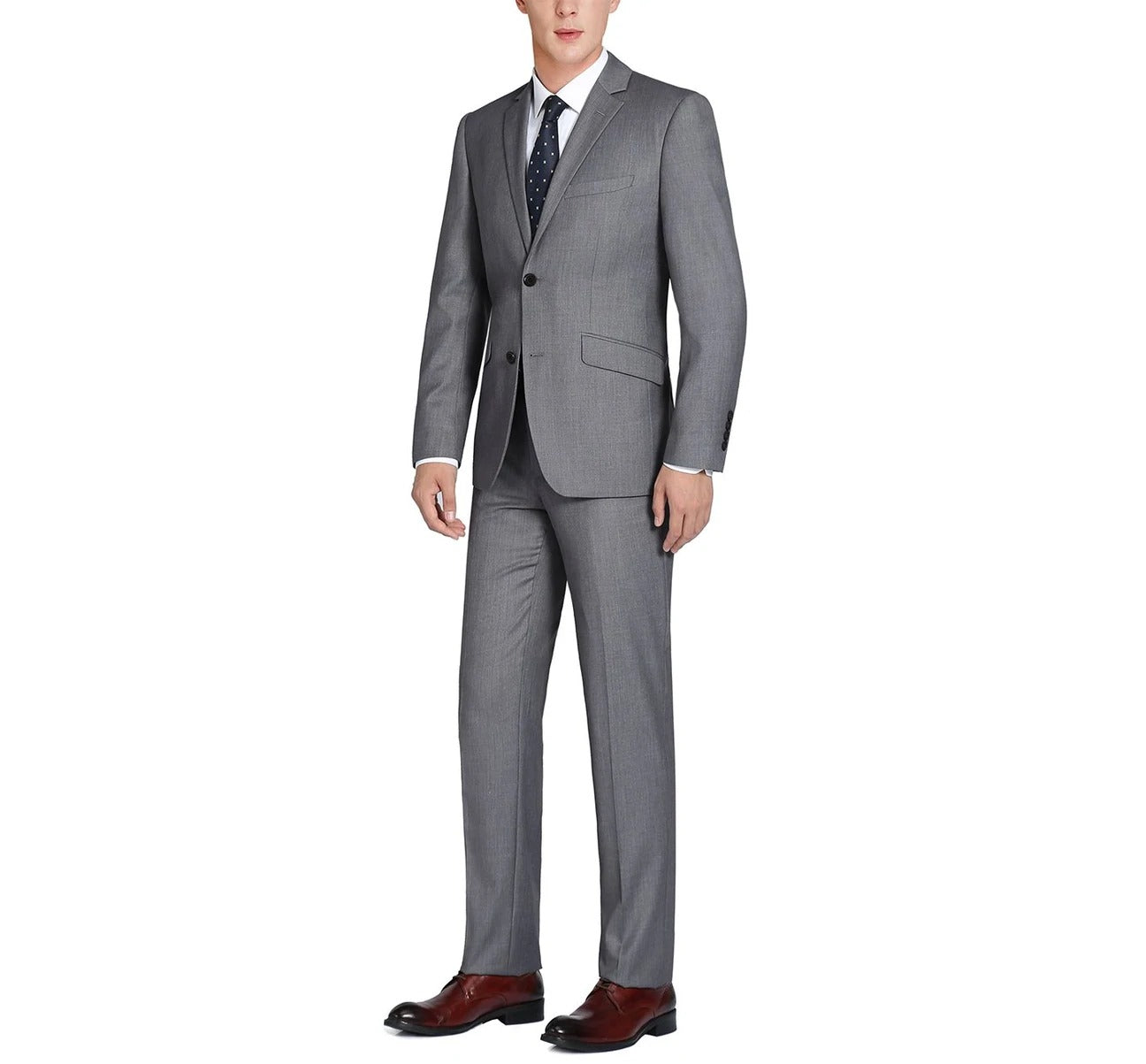 The Alessandro Vitello by Renoir is a dark grey, 2-piece slim fit suit with a notch lapel, made from 100% virgin wool in a refined twill weave. It includes a two-button jacket and matching trousers, elegantly displayed on a white background.