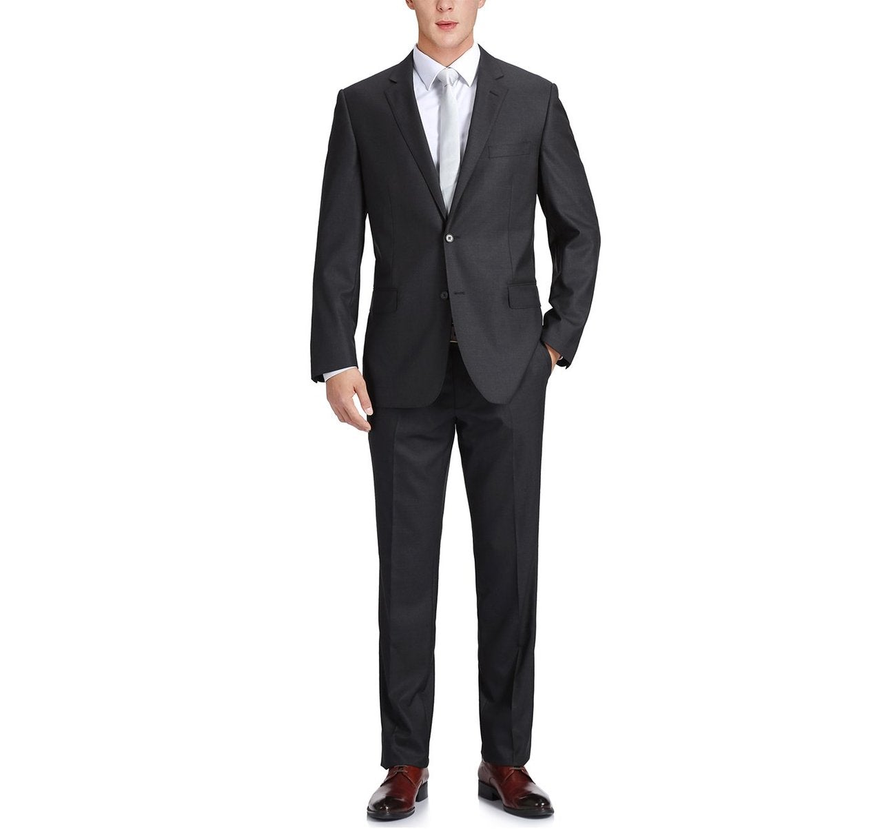 The Alessandro Vitello by Renoir 2-Button Slim Fit Notch Lapel Wool Suit 555-3, a dark gray two-piece crafted from virgin wool with a sharp blazer and sleek trousers, is elegantly displayed on a white background.