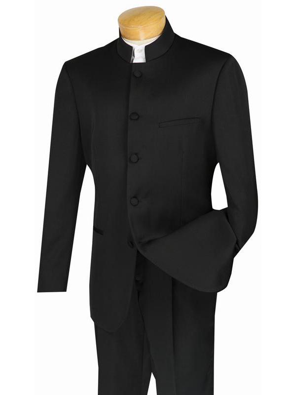A Vinci Suits Regular Fit 2 Piece Banded Collar Tuxedo in black, elegantly displayed on a wooden hanger.