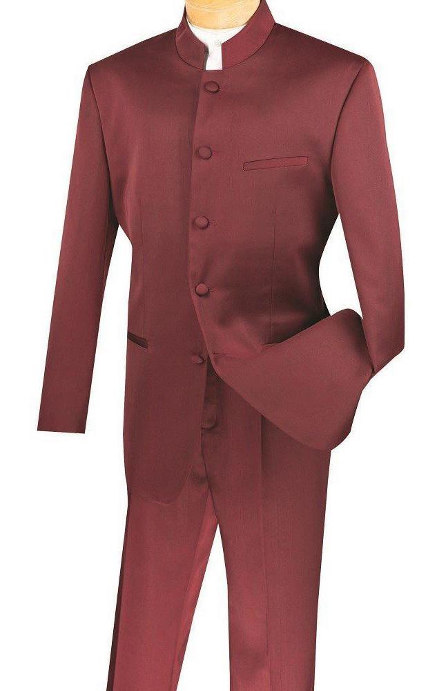 The Vinci Suits Regular Fit 2 Piece Banded Collar Tuxedo in Burgundy (5HT) features a single-breasted jacket with button closure and matching pleated pants.