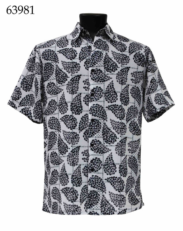 Bassiri Short Sleeve Shirt 63981, a regular fit black and white shirt with a leaf pattern, displayed on a mannequin.