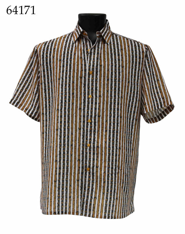 The Bassiri Short Sleeve Shirt 64171 by Bassiri features a regular fit with a collared design and vertical stripes in brown, black, and white. Displayed on a sleek black stand, the shirt embodies effortless style with the text "64171" gracefully placed in the upper left corner.