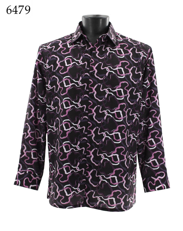 A black mannequin is dressed in the Bassiri Long Sleeve Shirt 6479, showcasing a full-cut design with long sleeves. The shirt features a microfiber fabric adorned with a bold abstract pattern in black, purple, and white. The number 6479 is displayed in the top left corner.