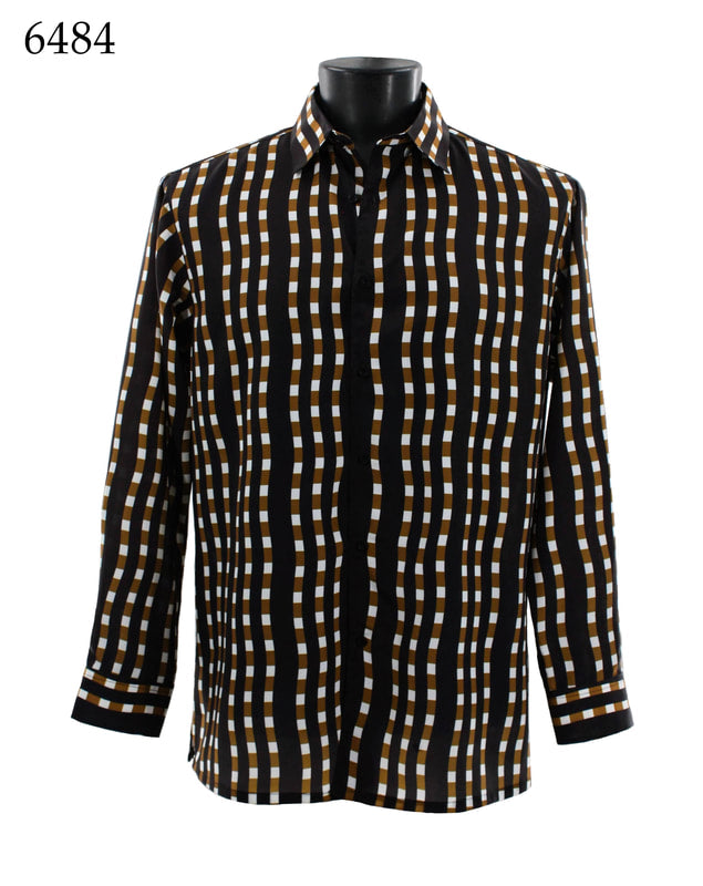 Displayed on a mannequin, the Bassiri Long Sleeve Shirt 6484 by Bassiri features a full-cut design and showcases a black, white, and brown wavy checkered pattern crafted from soft microfiber.