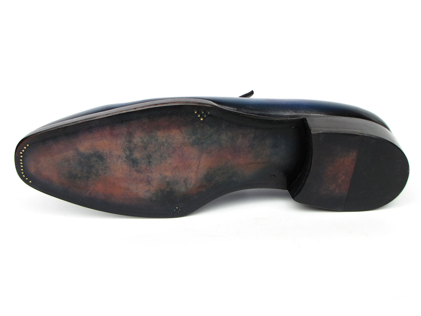 Check out the Paul Parkman Men's Blue Patina Handmade Loafers - 6944-BLU, featuring a sophisticated design with black trim and crocodile pattern detail. These hand-painted leather loafers are photographed from top and side views, showcasing their Goodyear welted construction and timeless craftsmanship.