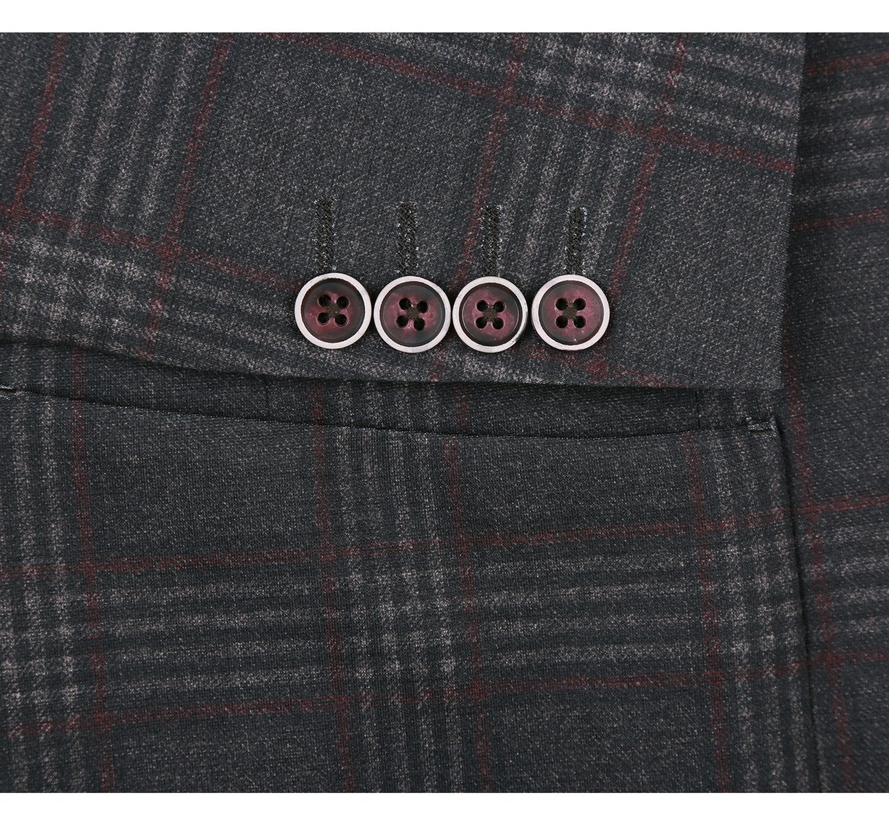 Pellagio Dark Grey Blazer Slim Fit Half Canvas Windowpane Sport Coat PF20-10, featuring a sleek single button design, two front pockets, and a maroon lining.