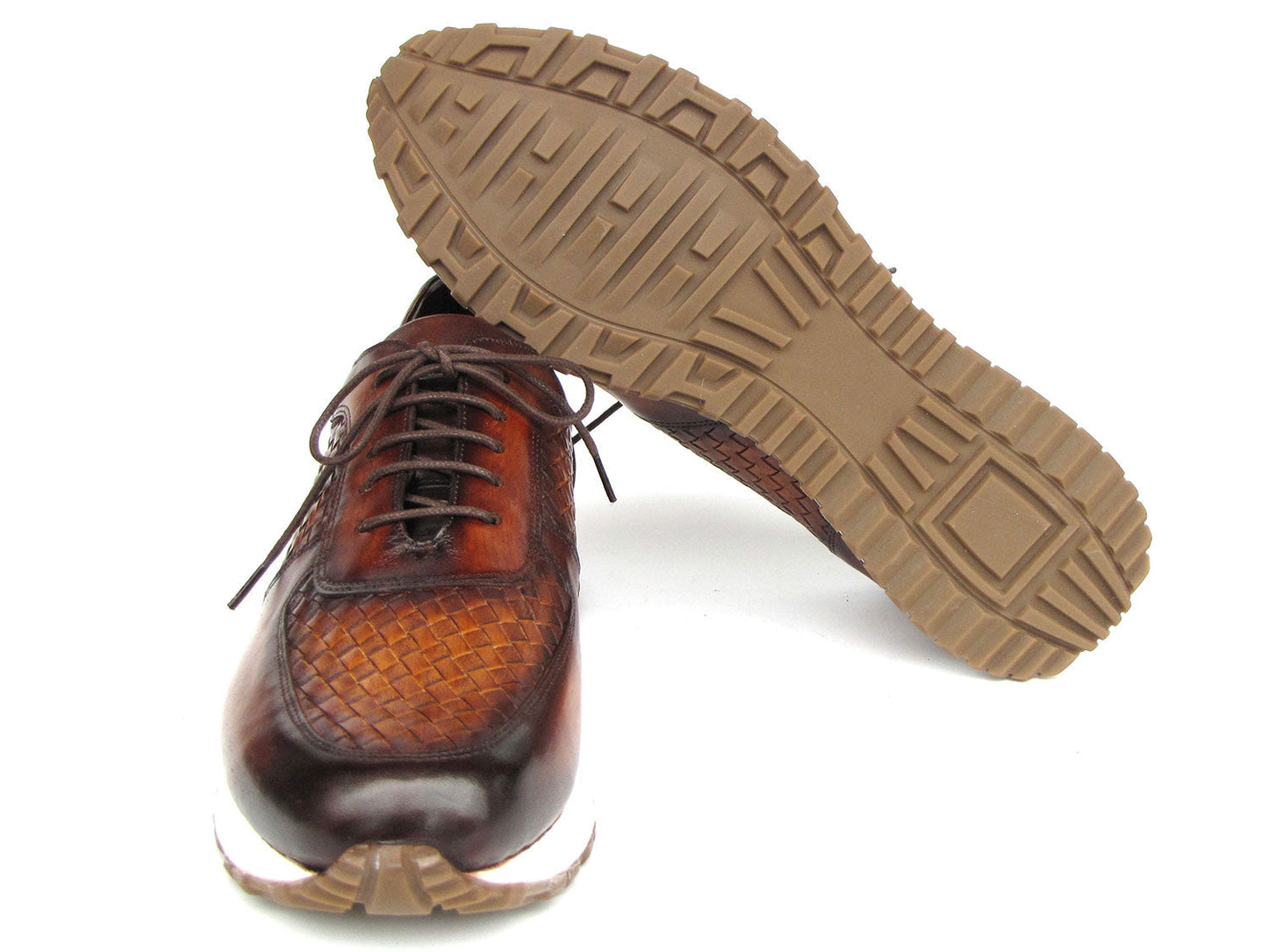 Paul Parkman Men's Brown Hand-Painted Woven Leather Sneakers - LW205BRW, featuring a woven pattern with brown leather, white soles, and brown laces, crafted as made-to-order shoes.