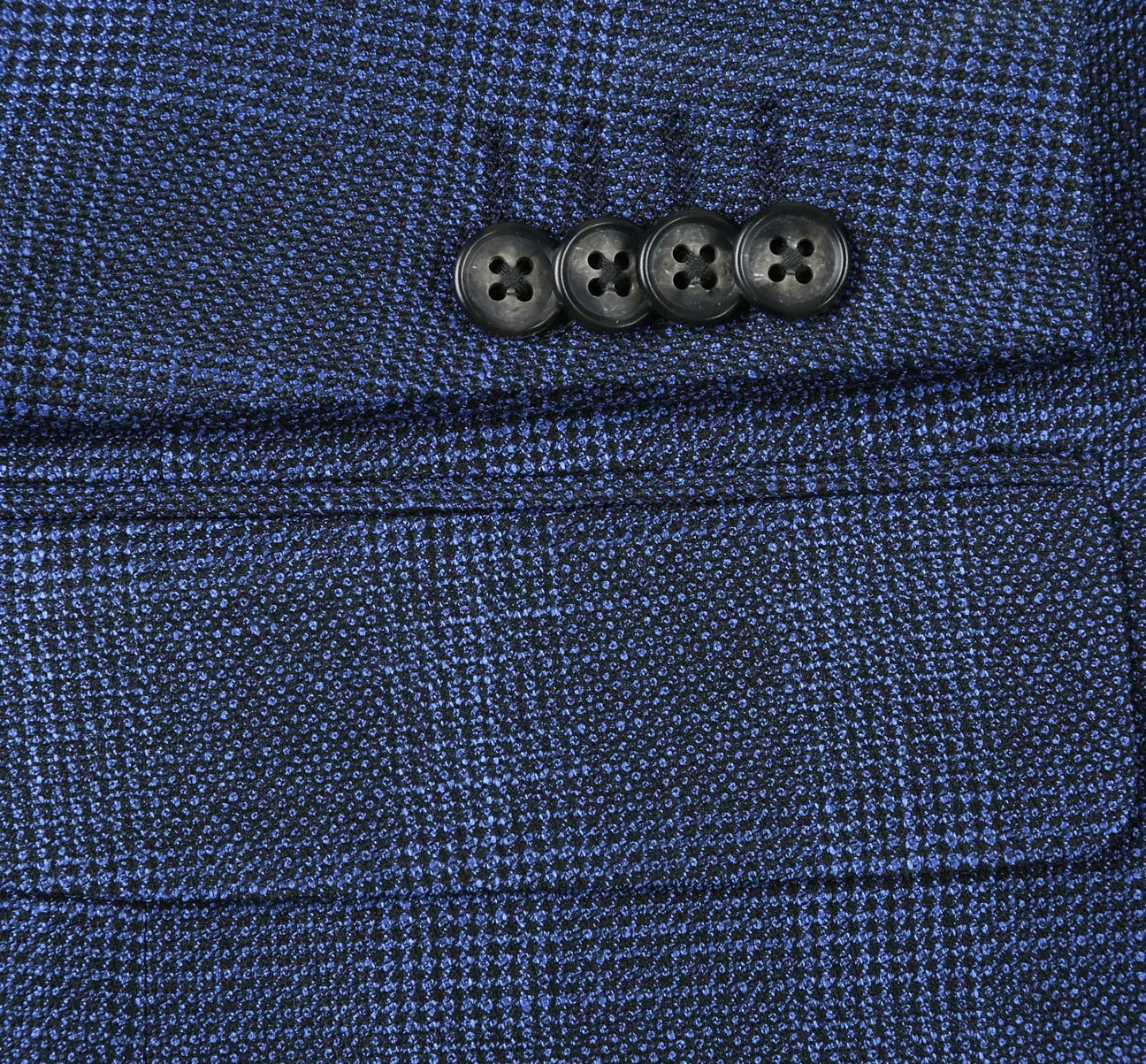 The Alessandro Vitello by Renoir Navy Classic Fit Single Breasted Two Button Big-Plaid Blazer 294-5 features a textured design with two button closure, light lining, and a blue patterned pocket square in the breast pocket.