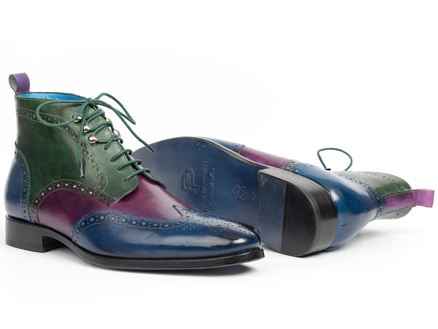 Introducing the Paul Parkman Wingtip Ankle Boots Three Tone Blue Purple Green - 777-BLU-PRP by Paul Parkman. These hand-painted leather boots boast a gradient design in vibrant shades of blue, green, and purple, complemented by laces and decorative perforations. Perfect for those looking to make a unique style statement.