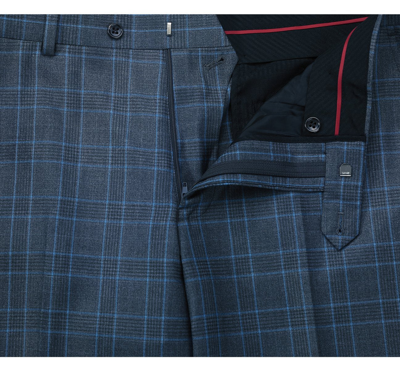 The RENOIR Blue Two Piece Classic Fit Windowpane Check Dress Suit 293-6, by Renoir, is a classic fit men's suit featuring a matching jacket and trousers with bright blue lining.