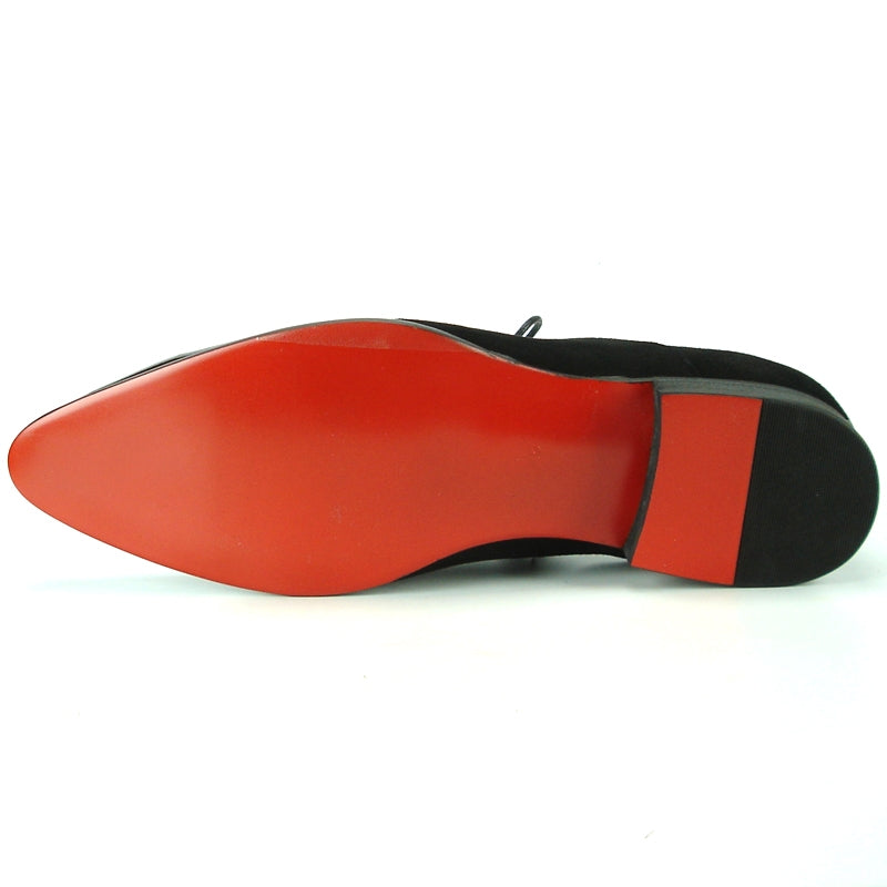 The FI-7111 Black Fiesso By Aurelio Garcia dress shoe by Fiesso showcases elegant black patent leather embellished with decorative blue and black stones, paired with a fringed lace design. Its cushioned insole ensures comfort, making it an excellent choice for any formal event.