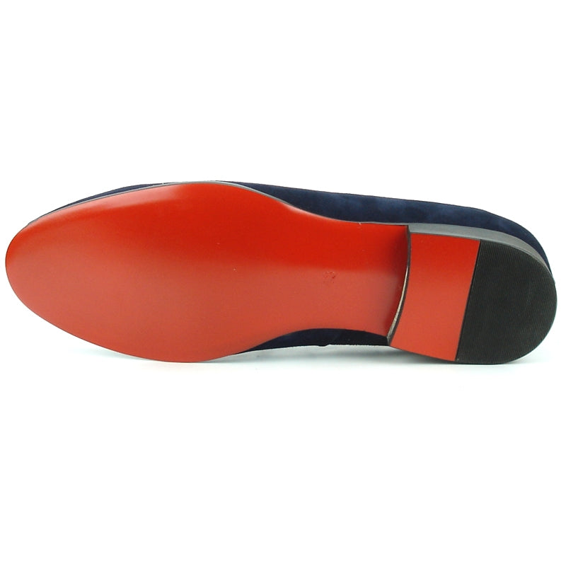 The FI-7216 Navy Suede loafer by Fiesso, featuring a low heel and cushioned insole, is showcased from the side.