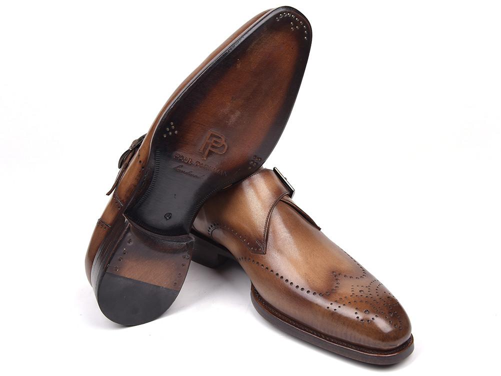 Presenting the Paul Parkman Wingtip Single Monkstraps in Brown & Camel (98F54-BRW), these handmade dress shoes showcase decorative perforations and buckles. Crafted from hand-painted leather with a polished finish and low heels, they offer both style and sophistication.